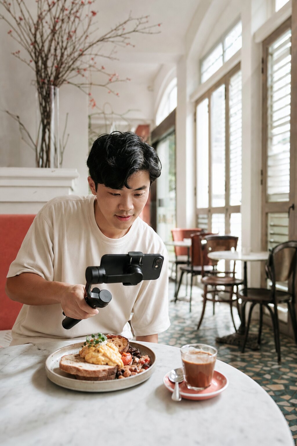 Filming a plated dish for a client's social media in a Singapore cafe